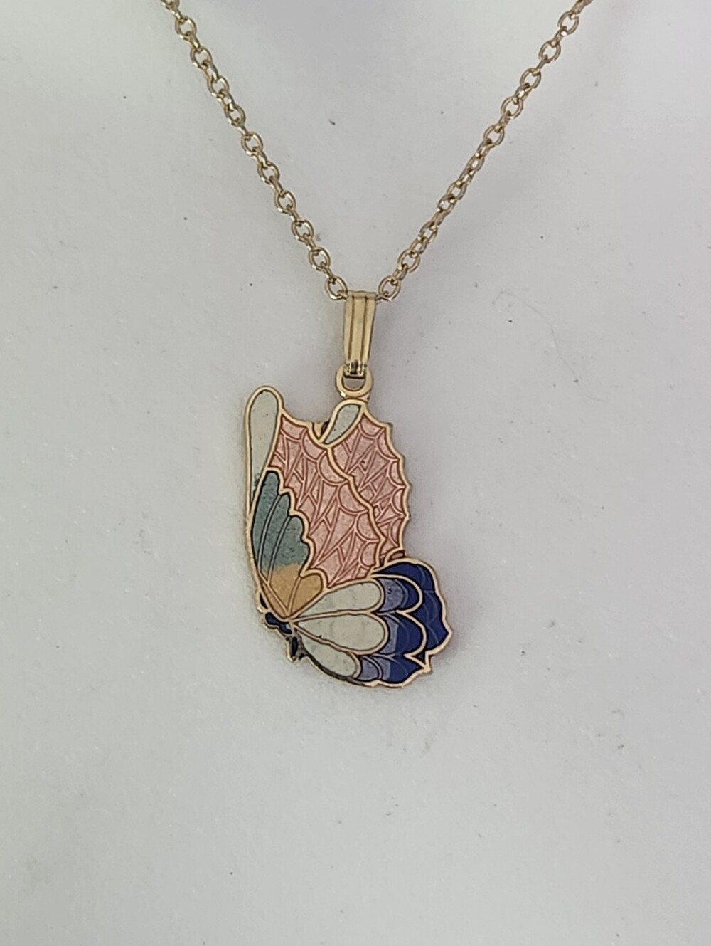 Vtg Gold Tone Cloisonne Butterfly Enamel Pendant Necklace - Multicolor